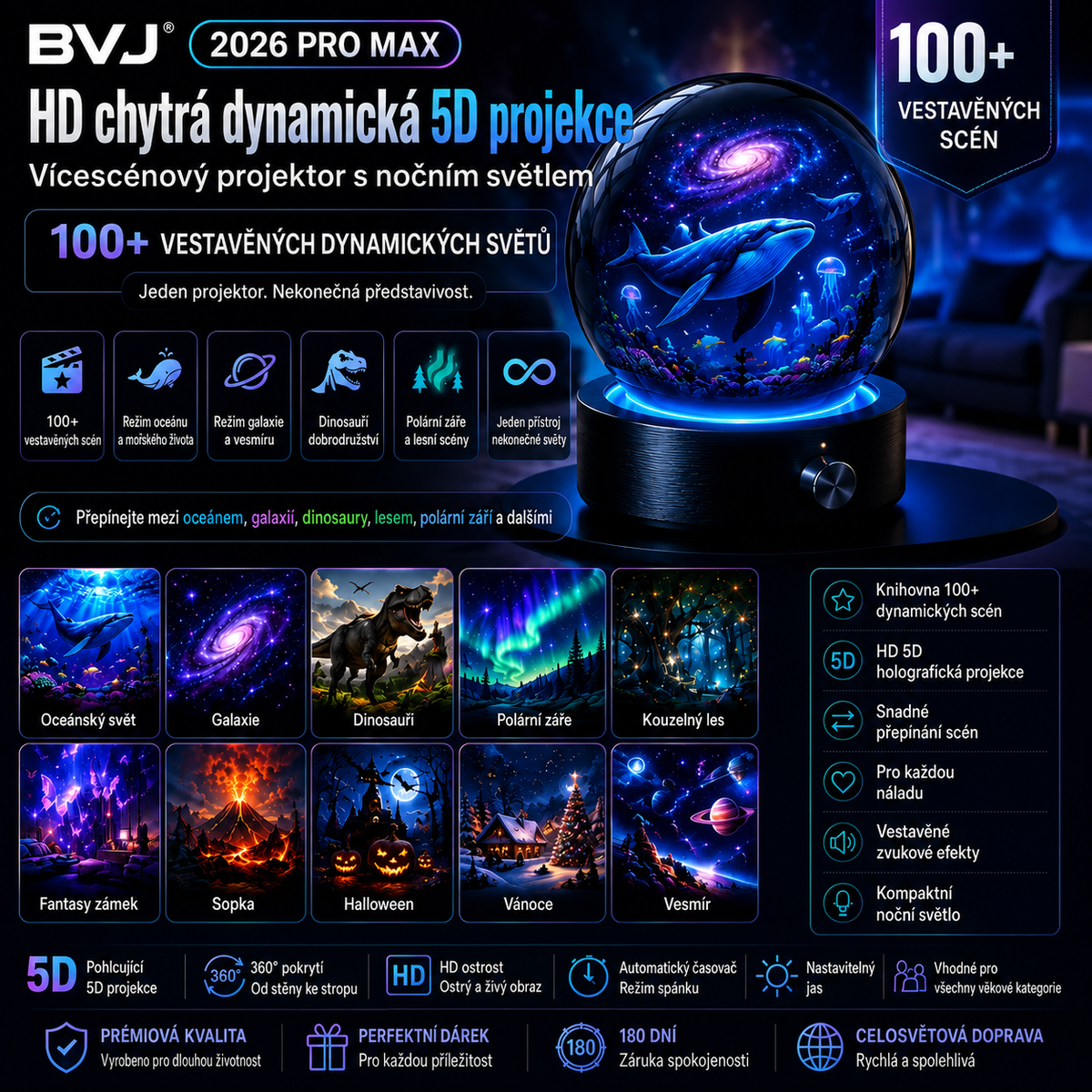 BVJ® 2026 PRO MAX 5D chytrý projektor světů 🌎 Vytvořte více než 100 pohlcujících světů s Bluetooth ovládáním a zvukovými efekty
