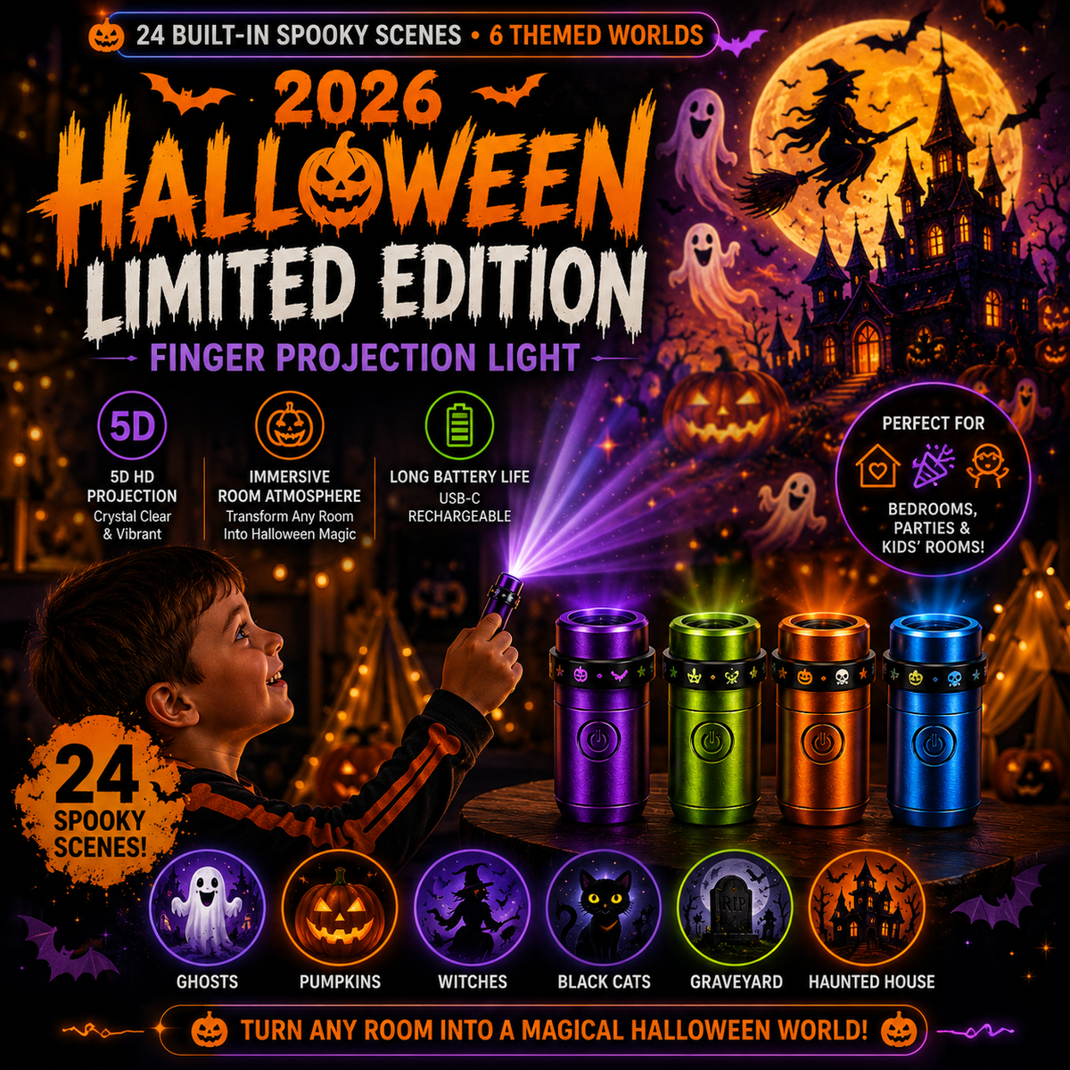 Billhol® 🎃2026 Magic Finger Projection Light-Halloween Limited Edition👻 Create 24+ Immersive Scenes Across 6 Themed Worlds