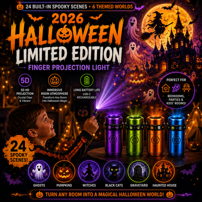 Billhol® 🎃2026 Magic Finger Projection Light-Halloween Limited Edition👻 Create 24+ Immersive Scenes Across 6 Themed Worlds