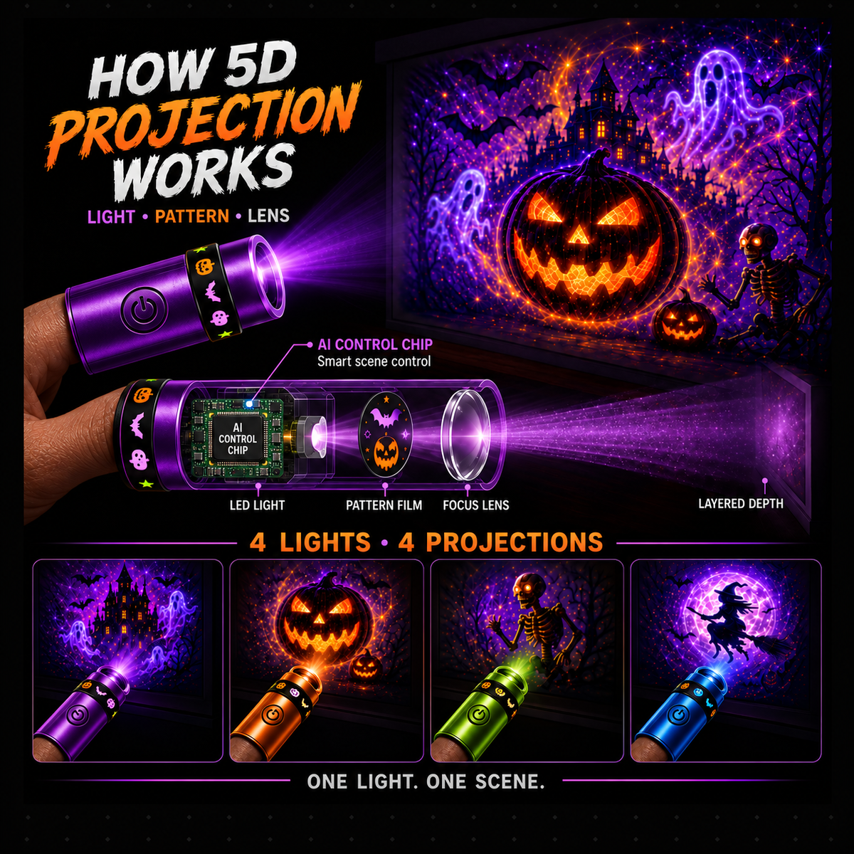 Billhol® 🎃2026 Magic Finger Projection Light-Halloween Limited Edition👻 Create 24+ Immersive Scenes Across 6 Themed Worlds