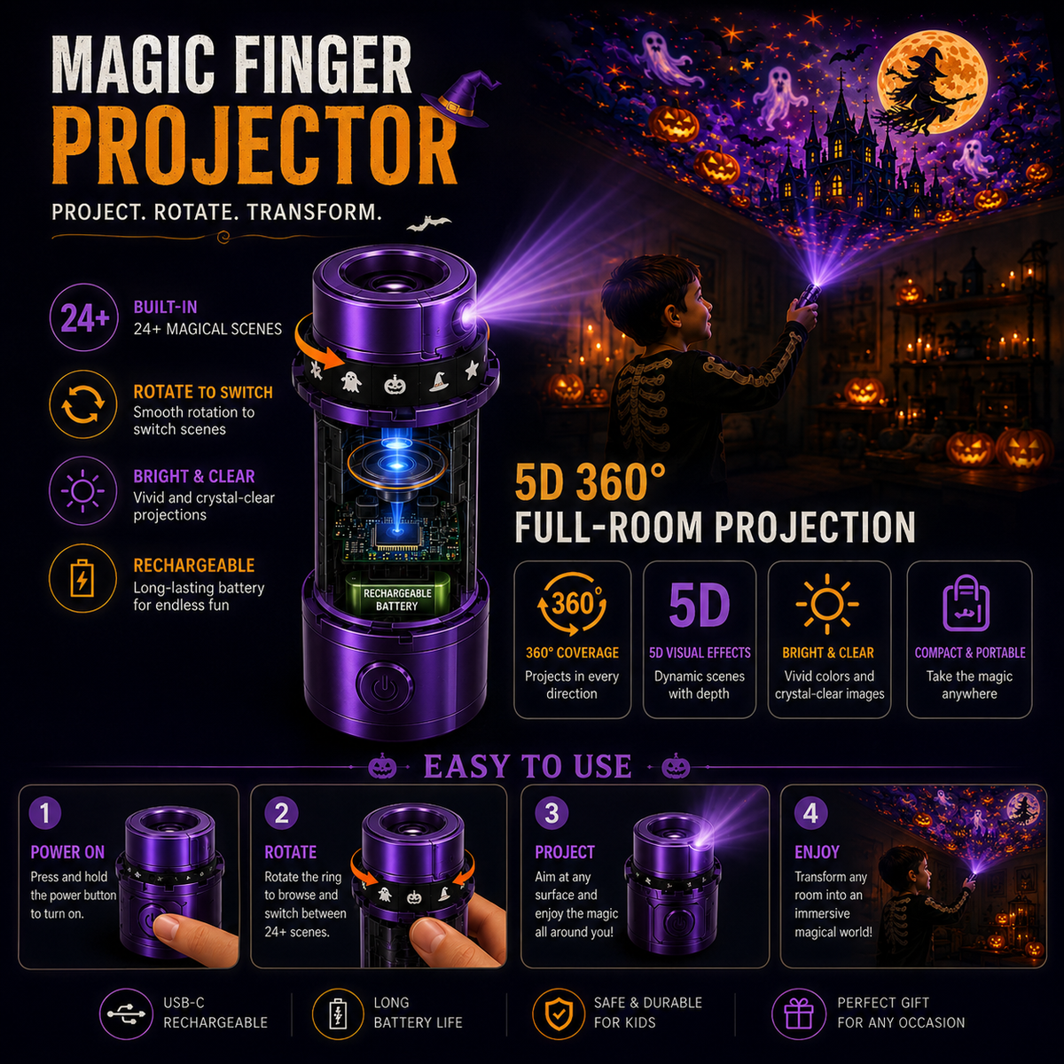 Billhol® 🎃2026 Magic Finger Projection Light-Halloween Limited Edition👻 Create 24+ Immersive Scenes Across 6 Themed Worlds