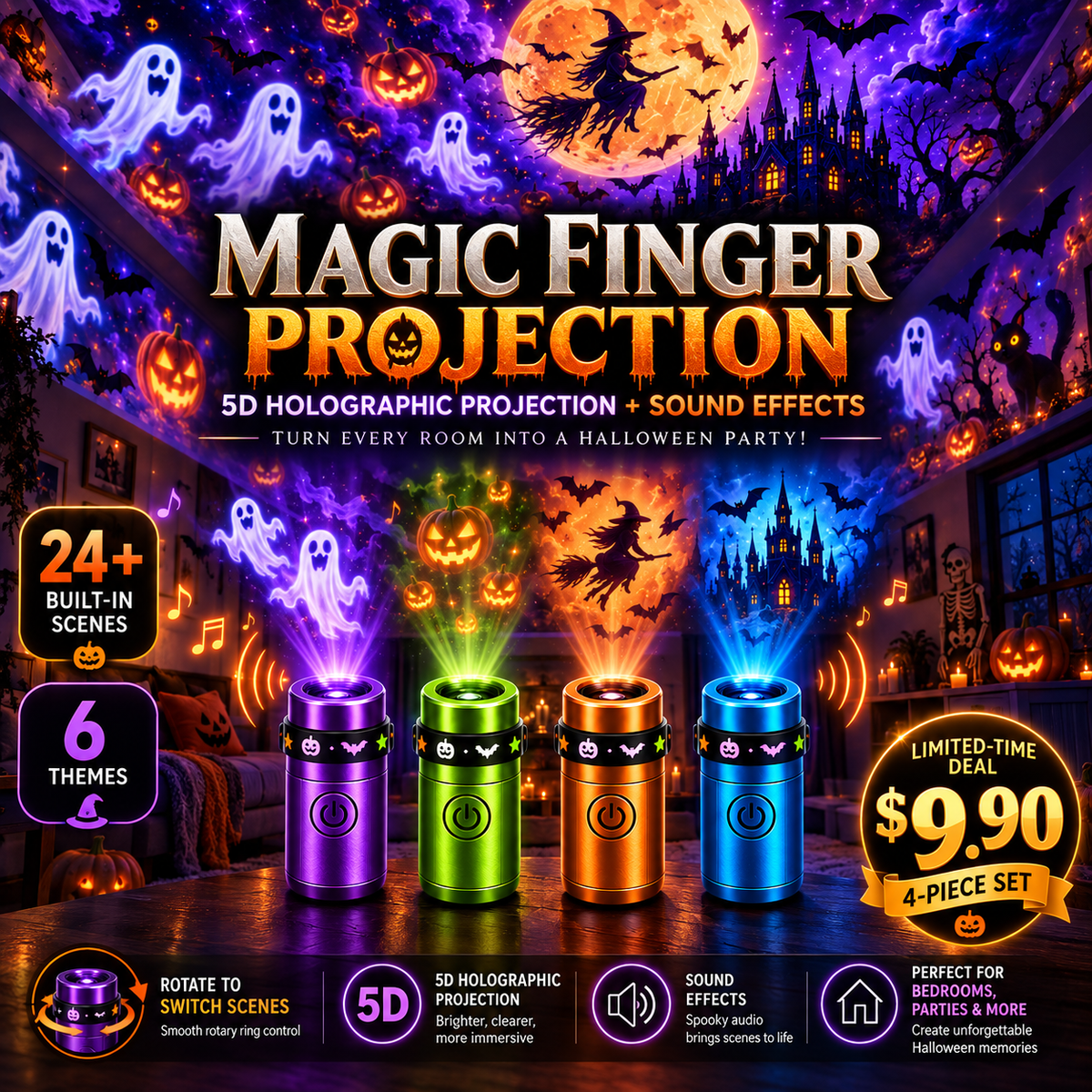 Billhol® 🎃2026 Magic Finger Projection Light-Halloween Limited Edition👻 Create 24+ Immersive Scenes Across 6 Themed Worlds