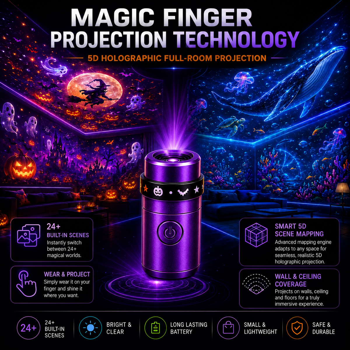Billhol® 🎃2026 Magic Finger Projection Light-Halloween Limited Edition👻 Create 24+ Immersive Scenes Across 6 Themed Worlds