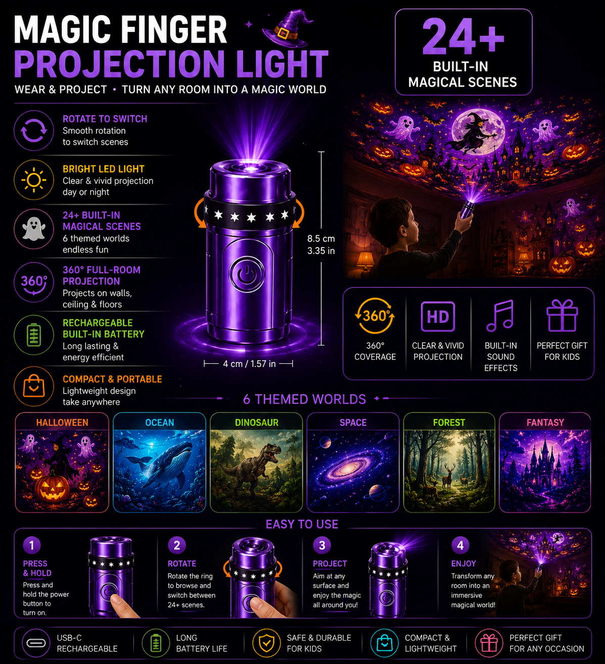 Billhol® 🎃2026 Magic Finger Projection Light-Halloween Limited Edition👻 Create 24+ Immersive Scenes Across 6 Themed Worlds