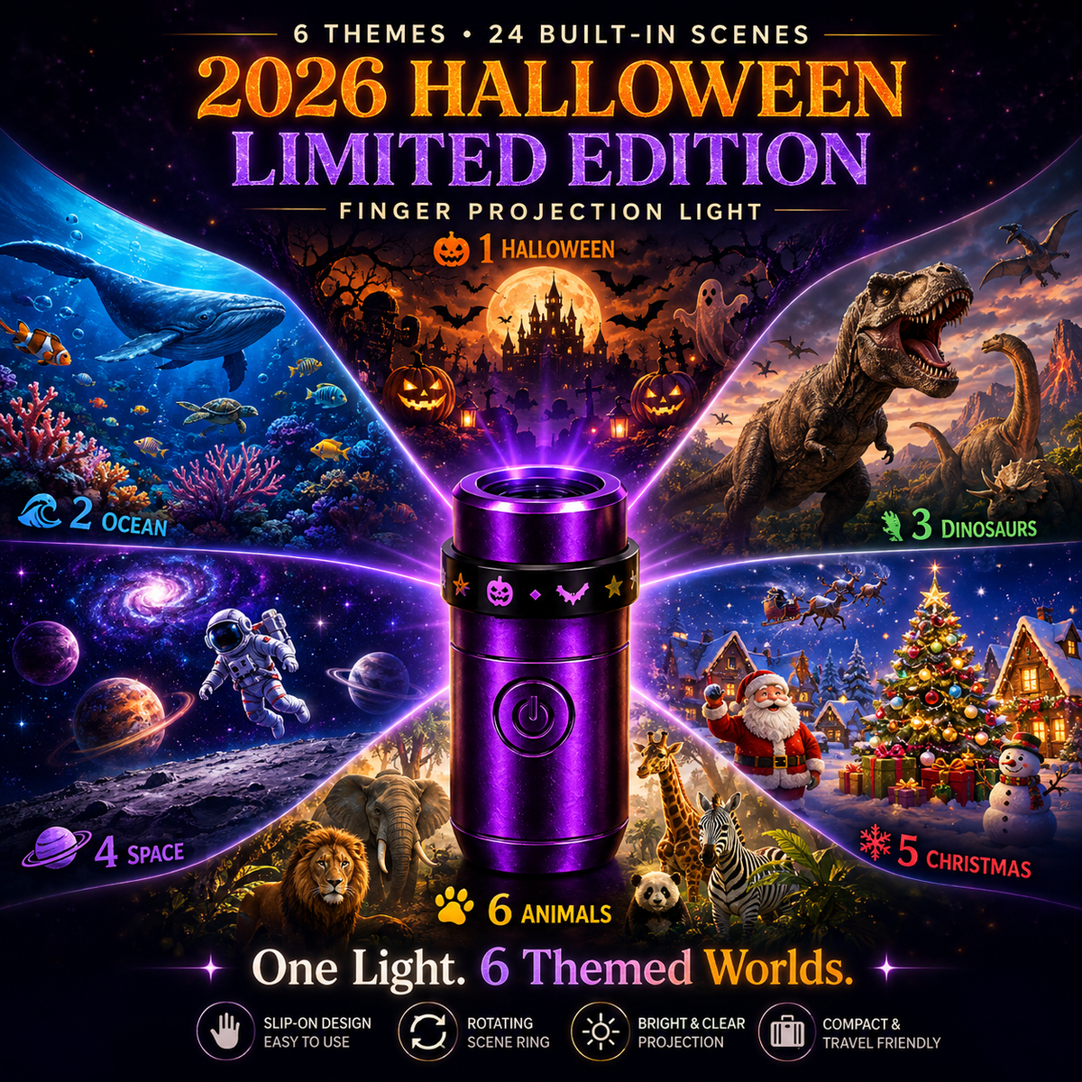 Billhol® 🎃2026 Magic Finger Projection Light-Halloween Limited Edition👻 Create 24+ Immersive Scenes Across 6 Themed Worlds
