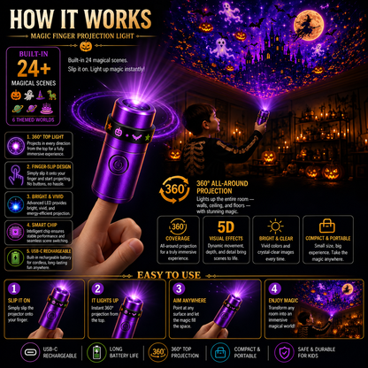 Billhol® 🎃2026 Magic Finger Projection Light-Halloween Limited Edition👻 Create 24+ Immersive Scenes Across 6 Themed Worlds