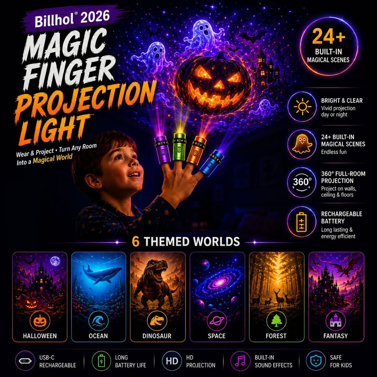 Billhol® 🎃2026 Magic Finger Projection Light-Halloween Limited Edition👻 Create 24+ Immersive Scenes Across 6 Themed Worlds