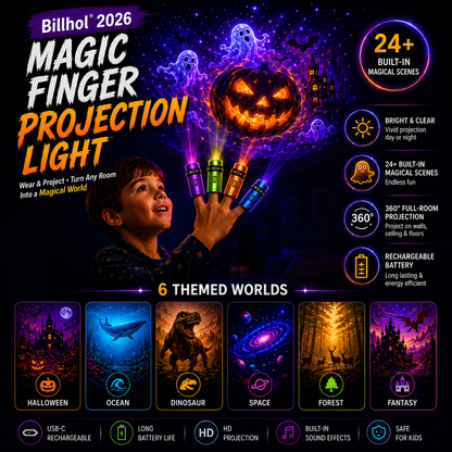 Billhol® 🎃2026 Magic Finger Projection Light-Halloween Limited Edition👻 Create 24+ Immersive Scenes Across 6 Themed Worlds